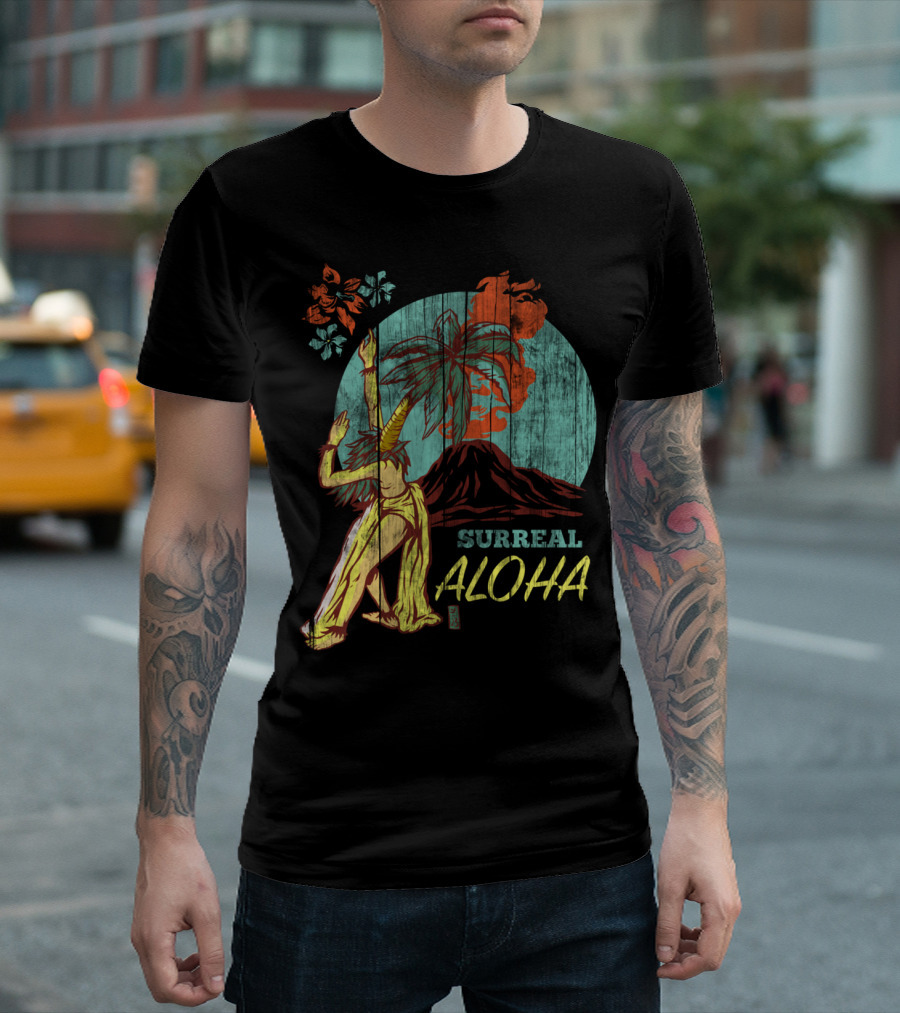 Surreal Aloha Volcano Dance Palm Tree Hibiscus T-Shirt
