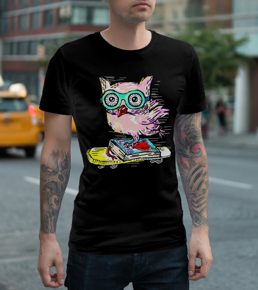 Owl with Glasses Riding Skateboard on Live Book with Heart T-Shirt