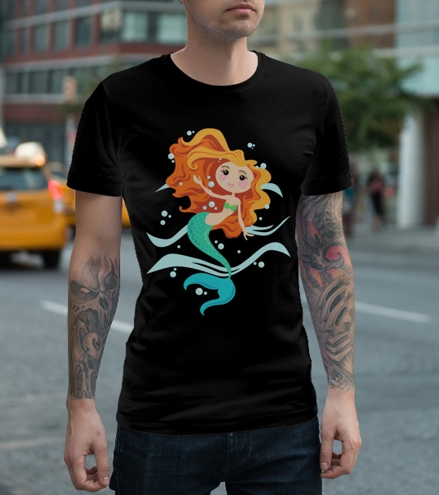 Mermaid Swimming with Flowing Red Hair and Bubbles T-Shirt