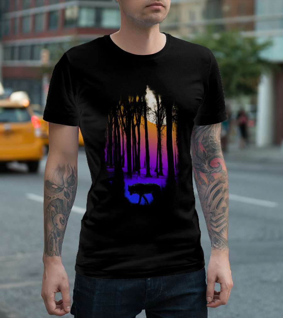 Danger Zone Wolf Silhouette in Vibrant Forest Sunset T-Shirt