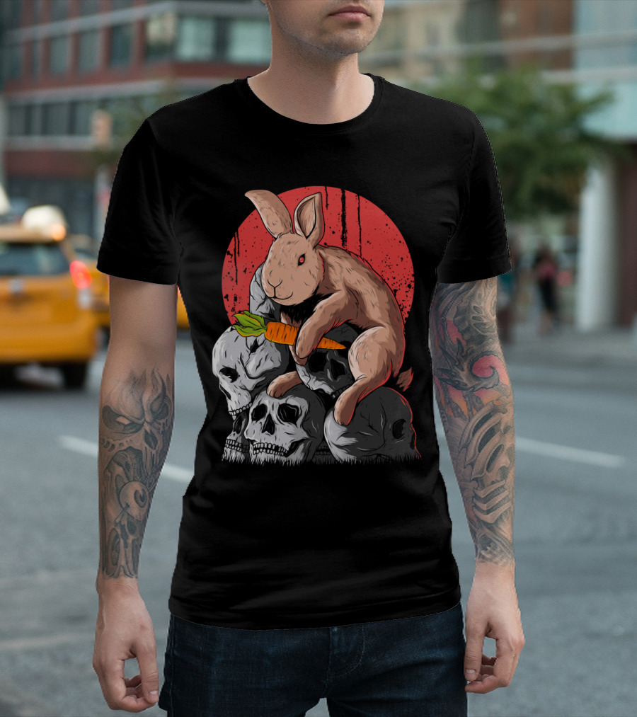 Look A Rabbit Pe Surreal Rabbit with Carrot on Skulls Against Red Moon T-Shirt
