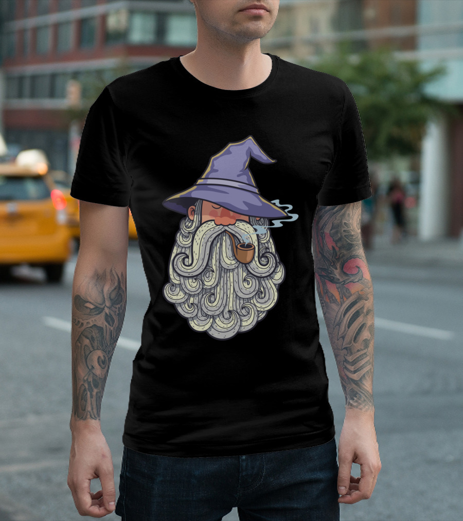 Wizard Smoking Pipe with Purple Hat and Flowing Beard T-Shirt