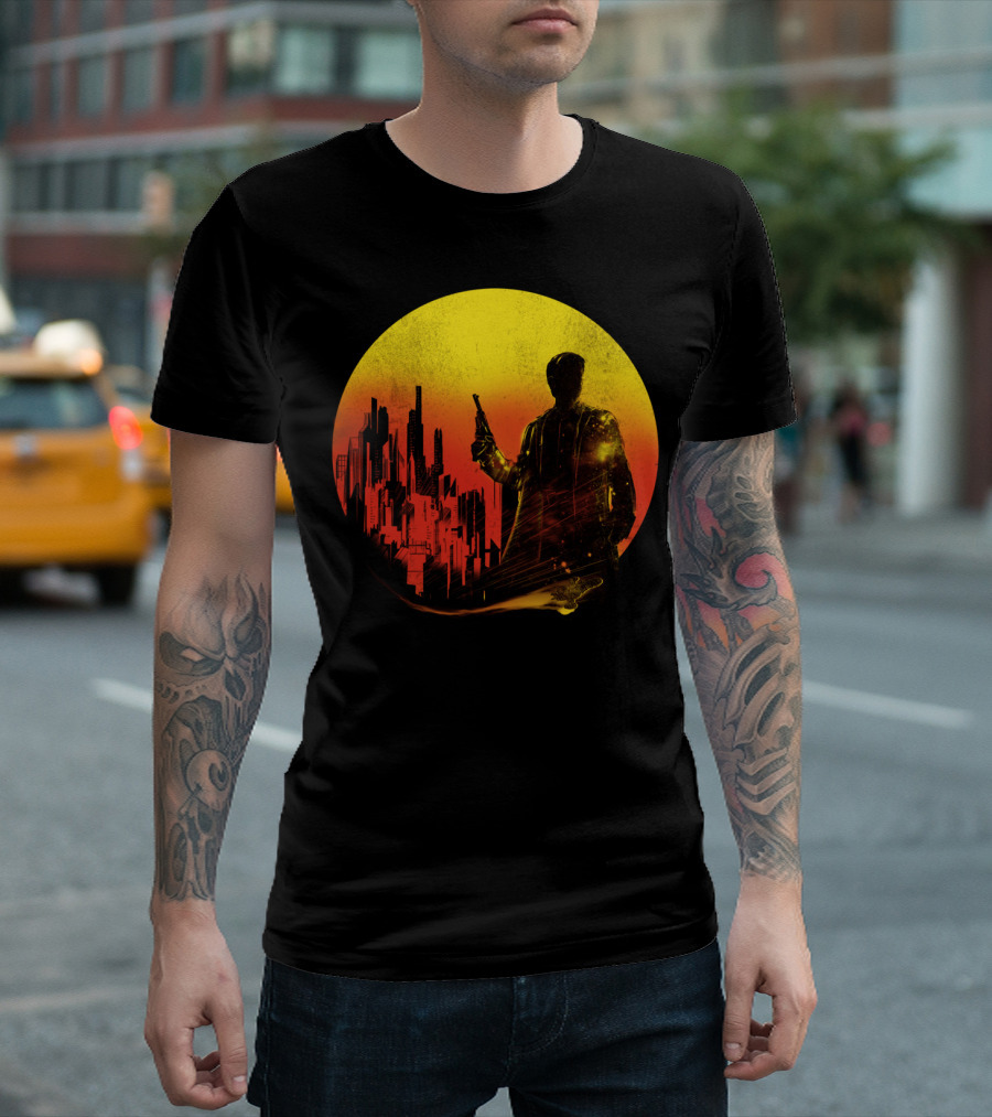 Shine Cityscape Silhouette with Figure and Yellow-Red Gradient Circle T-Shirt