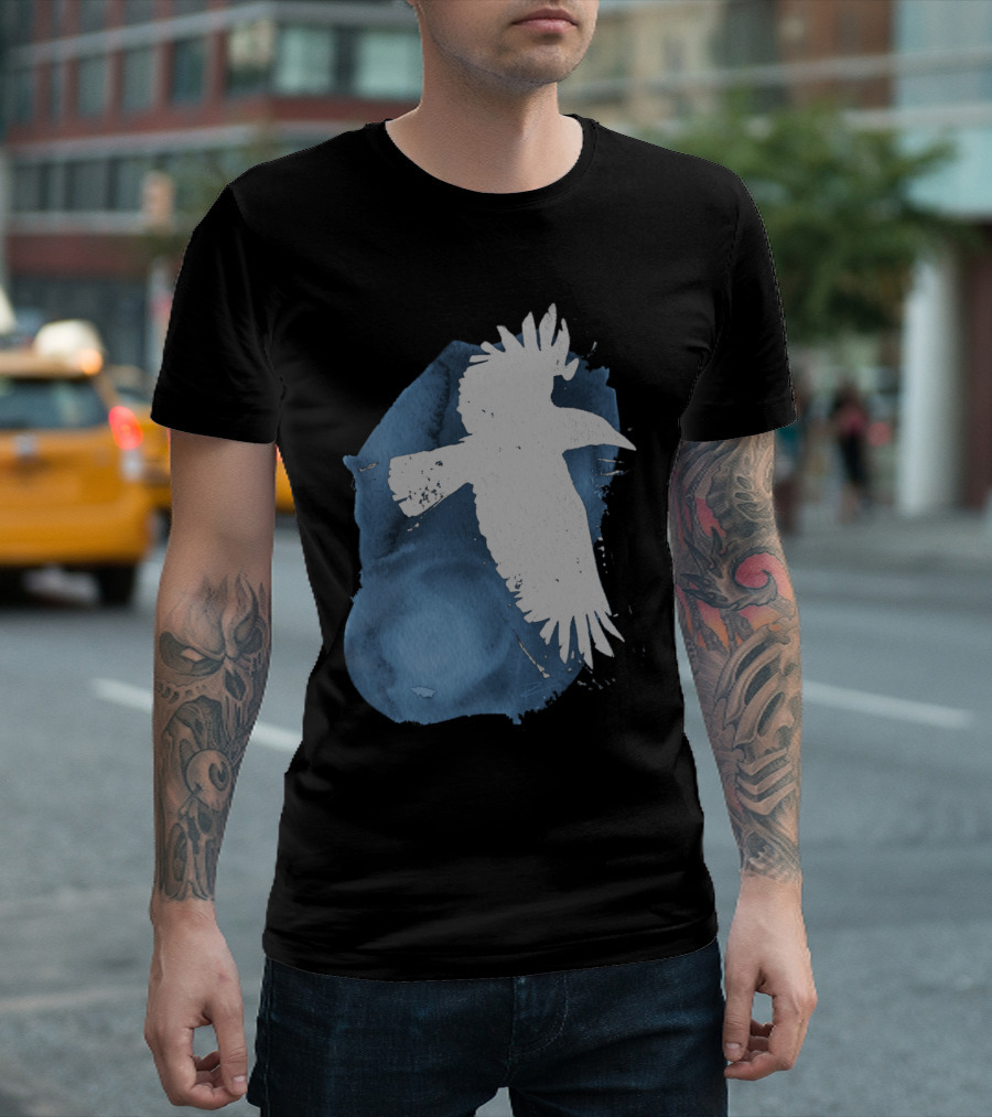 Night Sky Raven Silhouette on Blue Watercolor Background T-Shirt