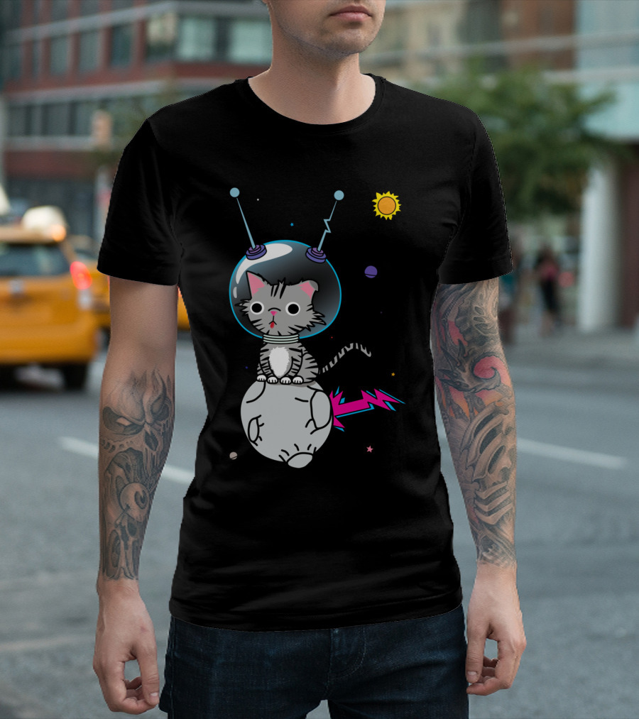 Mr. Space Cat Cosmic Adventure with Planet and Lightning Tail T-Shirt