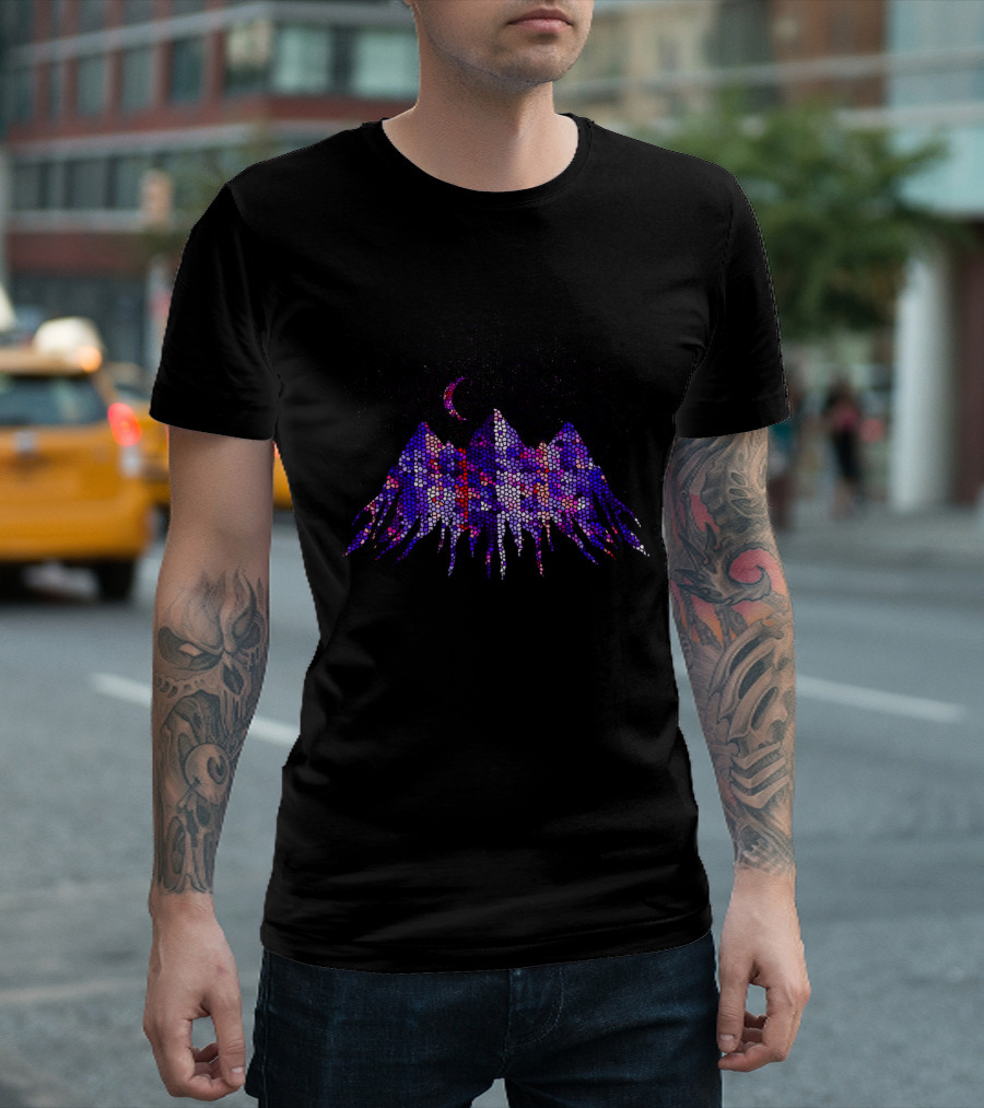 Looming In The Dark Hexagonal Starry Landscape with Crescent Moon and Mountains T-Shirt