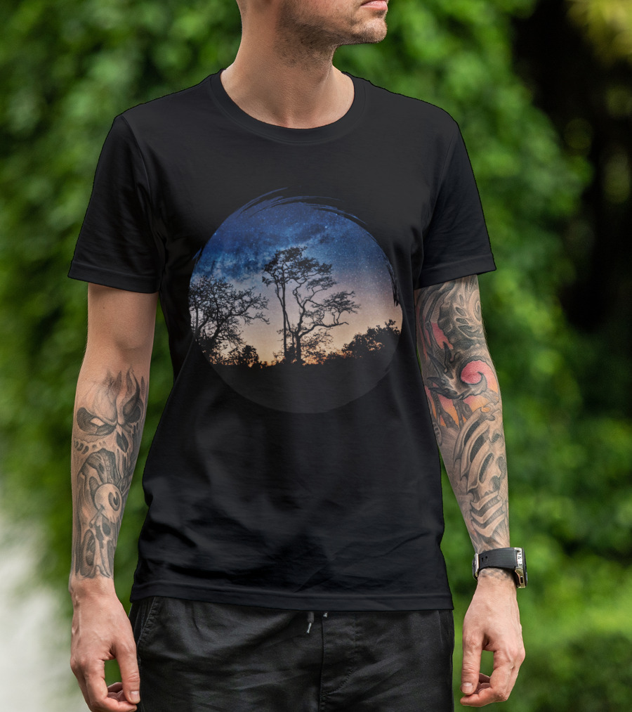 Night Sky Circle With Trees And Stars T-Shirt