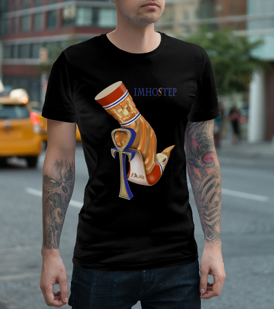 IMHOSTEP Ankh Symbol with Ancient Egyptian Gold and Blue Architecture Motif T-Shirt