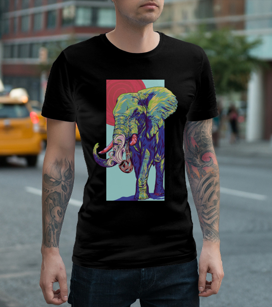 Pachyderm Vibrant Elephant Art With Psychedelic Colors And Abstract Sun T-Shirt