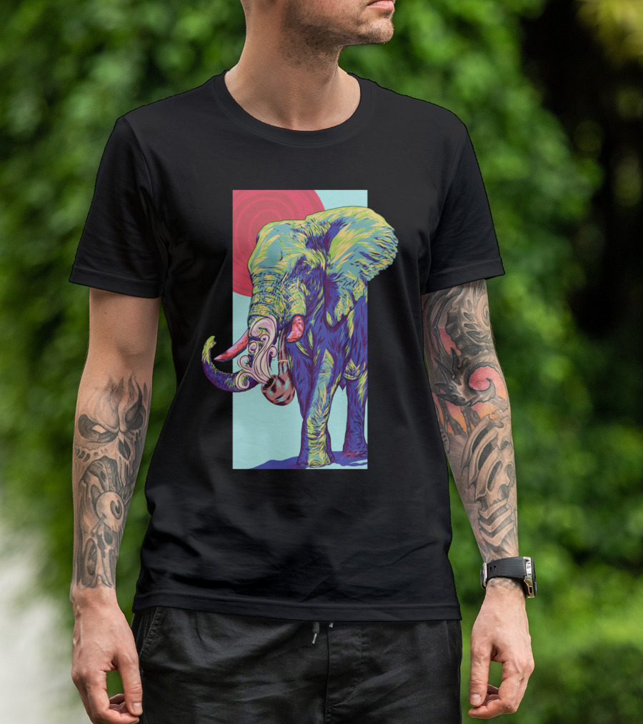 Pachyderm Vibrant Elephant Art With Psychedelic Colors And Abstract Sun T-Shirt