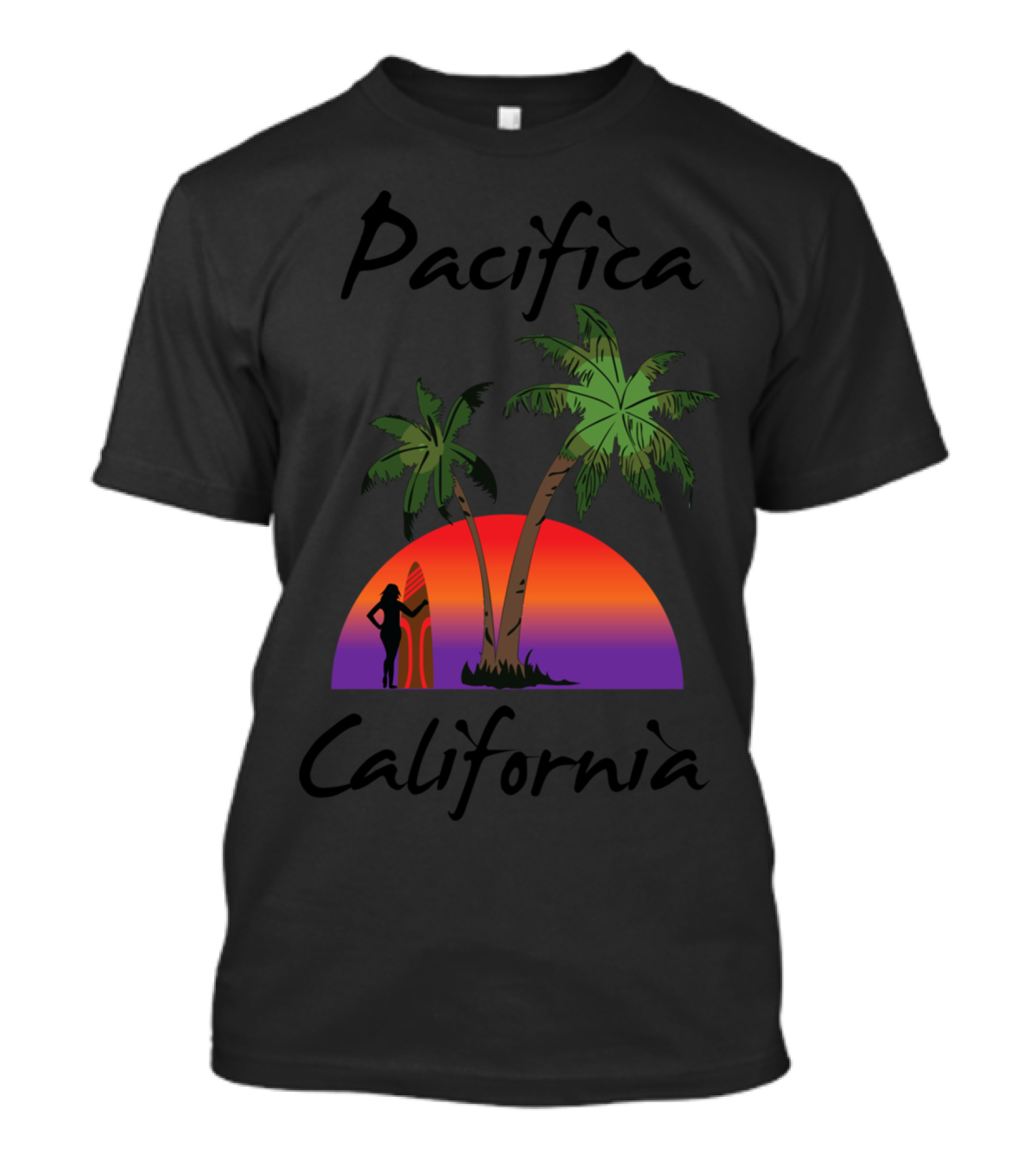 Pacifica California Sunset With Surfer And Palm Trees T-Shirt
