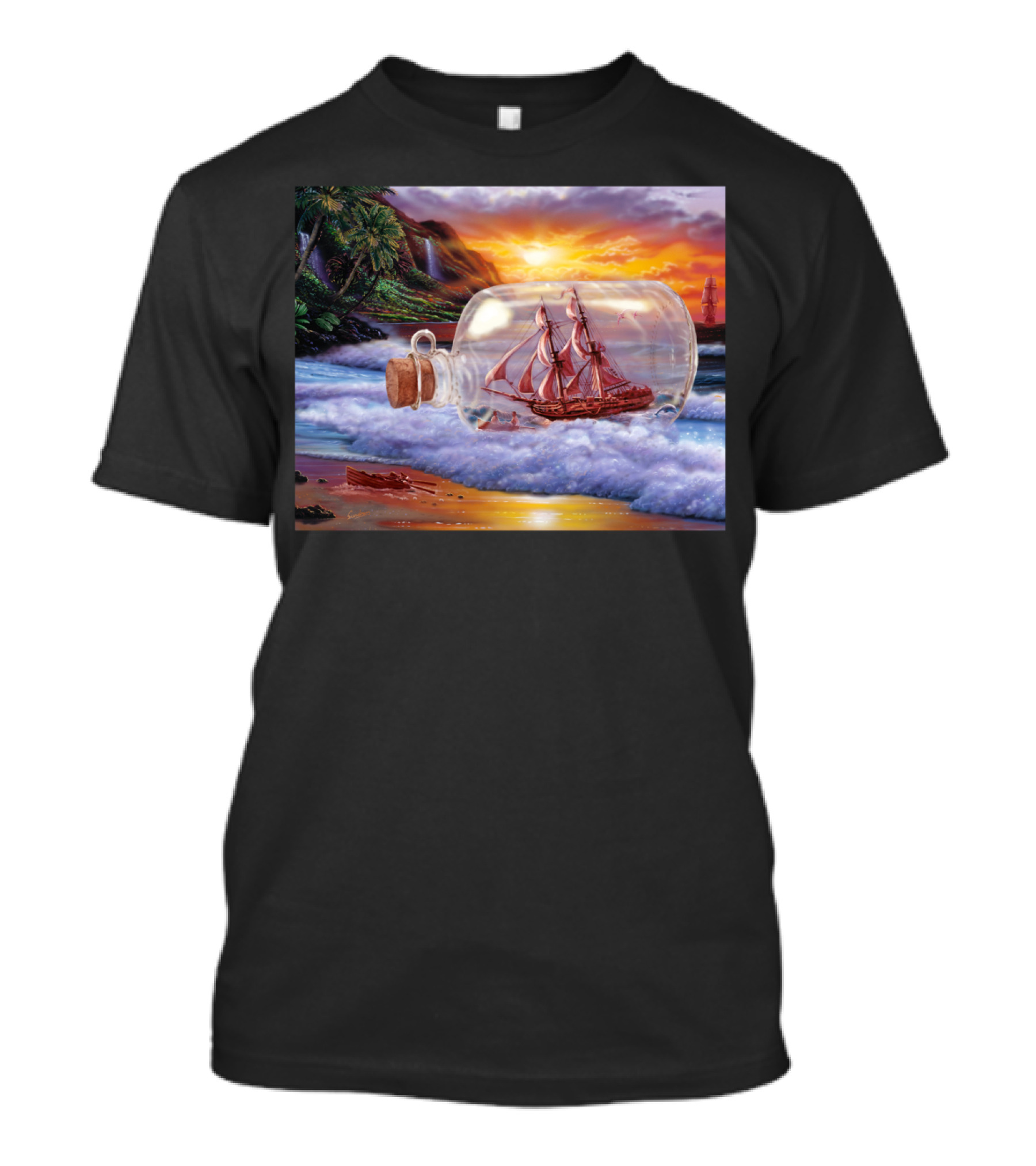 Ship In A Bottle Ocean Sunset Scene T-Shirt