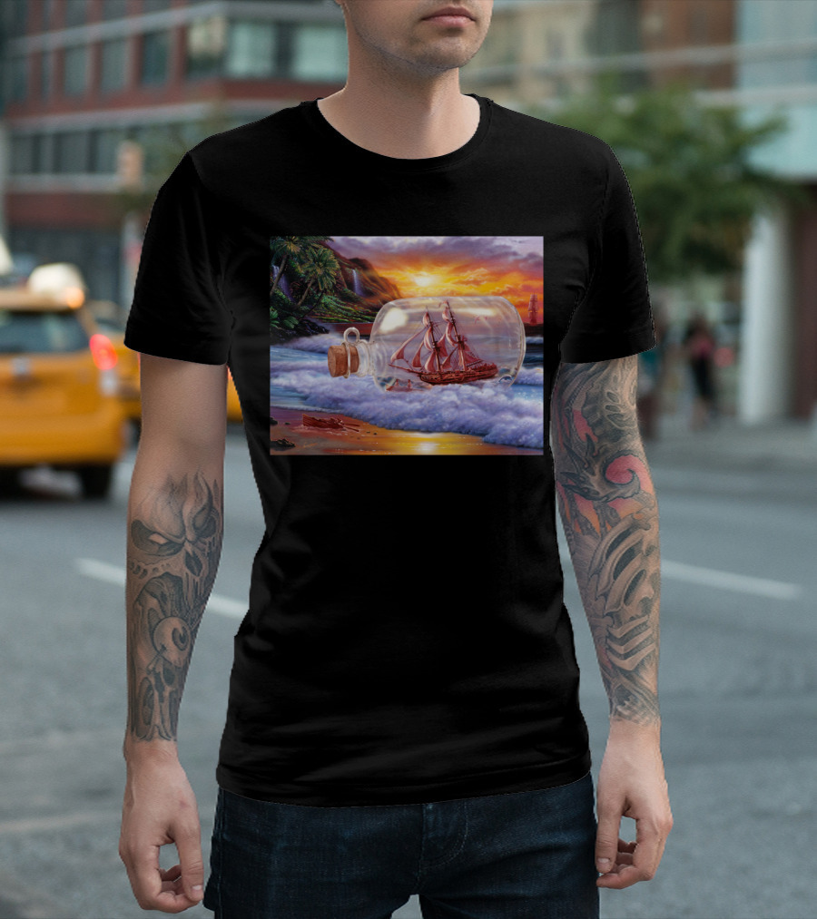 Ship In A Bottle Ocean Sunset Scene T-Shirt