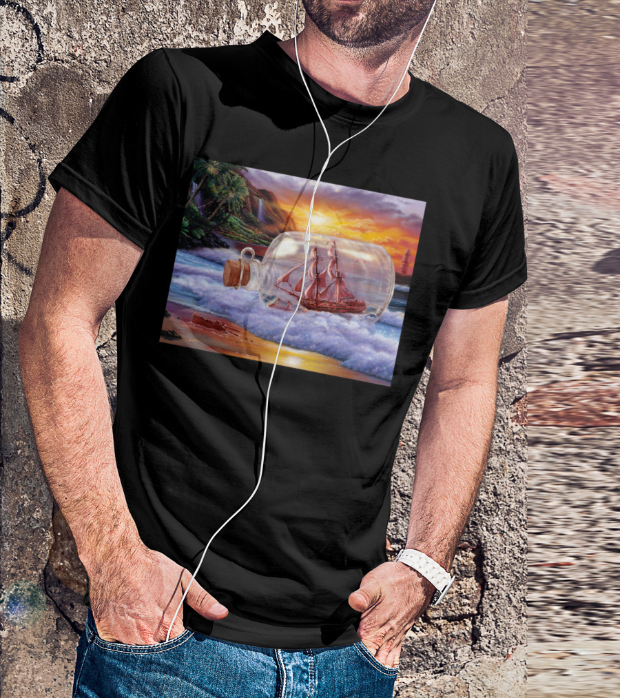 Ship In A Bottle Ocean Sunset Scene T-Shirt