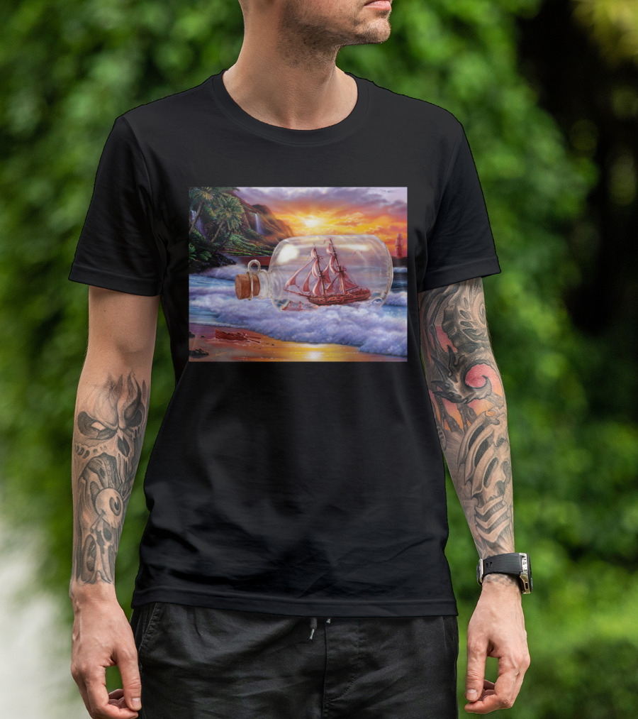 Ship In A Bottle Ocean Sunset Scene T-Shirt