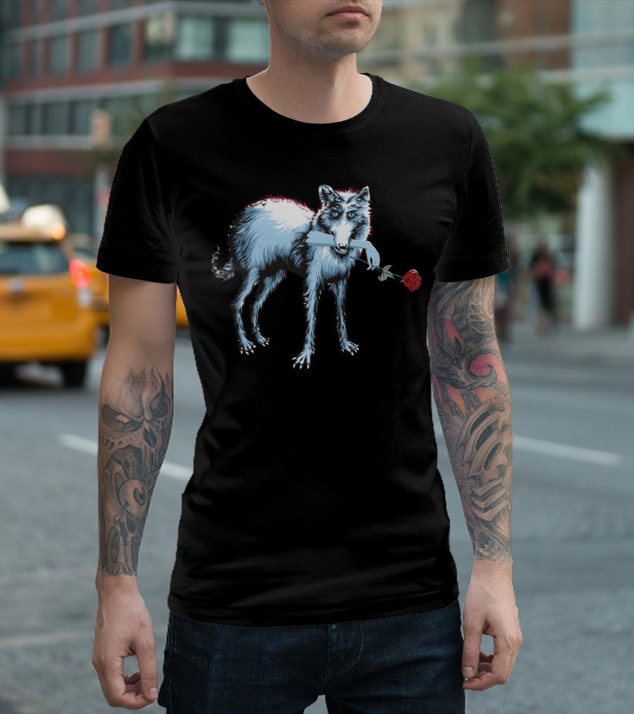 Wolf Ghost Holding Rose In Mouth T-Shirt