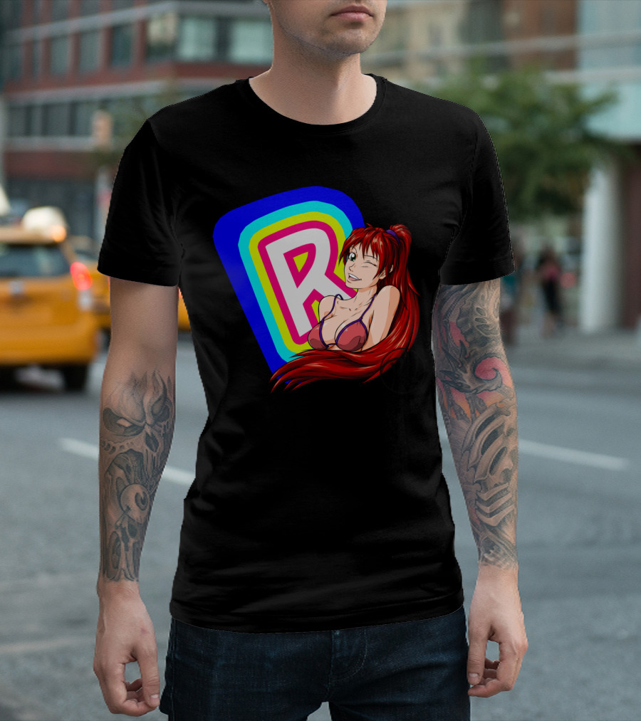Rena Anime Character with Rainbow R Background T-Shirt