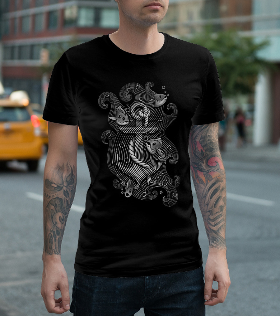 Lost Anchor Nautical Fish Whimsical Waves T-Shirt