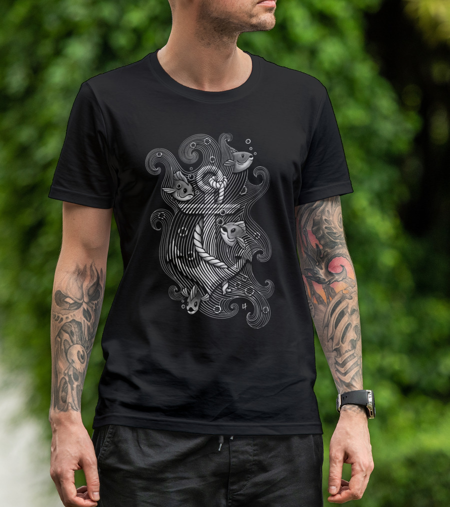 Lost Anchor Nautical Fish Whimsical Waves T-Shirt