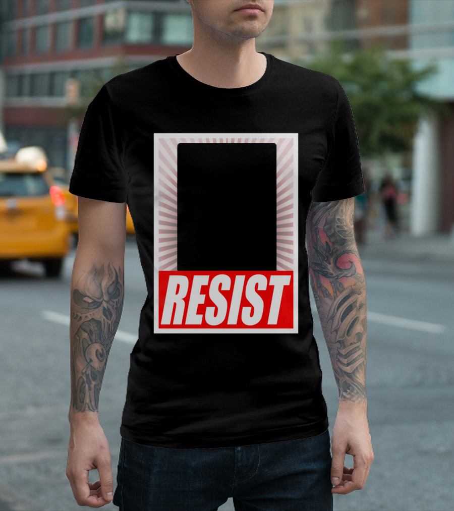 RESIST Red and White Bold Text with Sunburst Border T-Shirt