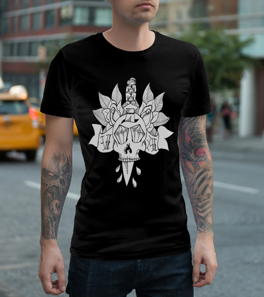 Sword and Skull with Roman Numerals and Rose Leaves T-Shirt