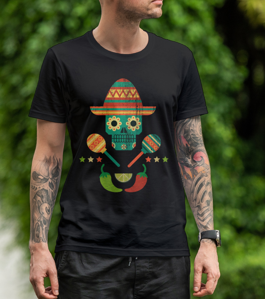 La Mexico La Sombrero Sugar Skull Maracas Chili Lime Icons T-Shirt