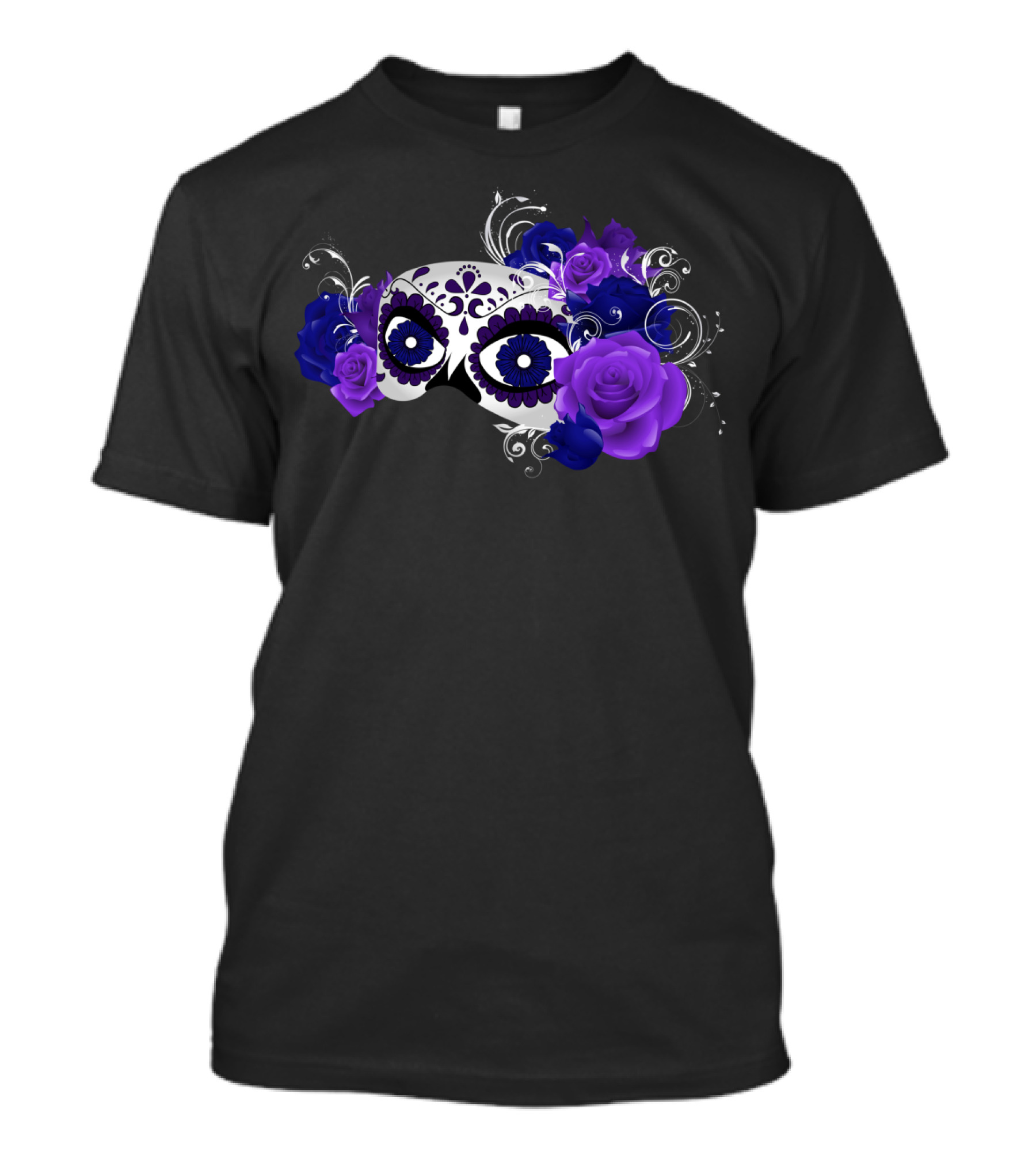 Day Of The Dead Mask With Purple And Blue Roses T-Shirt