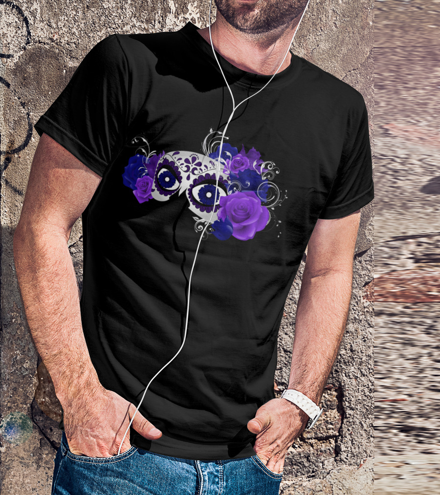 Day Of The Dead Mask With Purple And Blue Roses T-Shirt