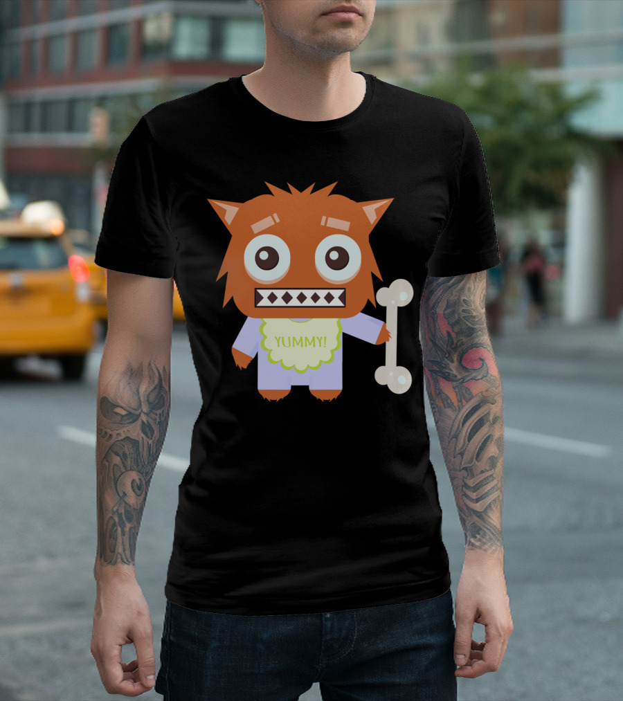 Wolfie Yummy Orange Cartoon Monster With Bone T-Shirt