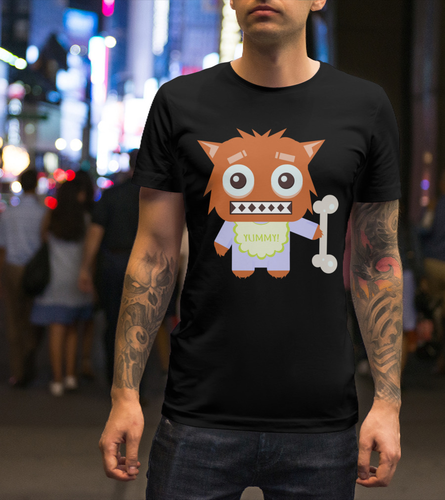 Wolfie Yummy Orange Cartoon Monster With Bone T-Shirt