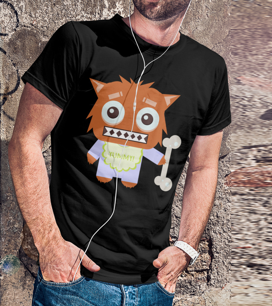 Wolfie Yummy Orange Cartoon Monster With Bone T-Shirt
