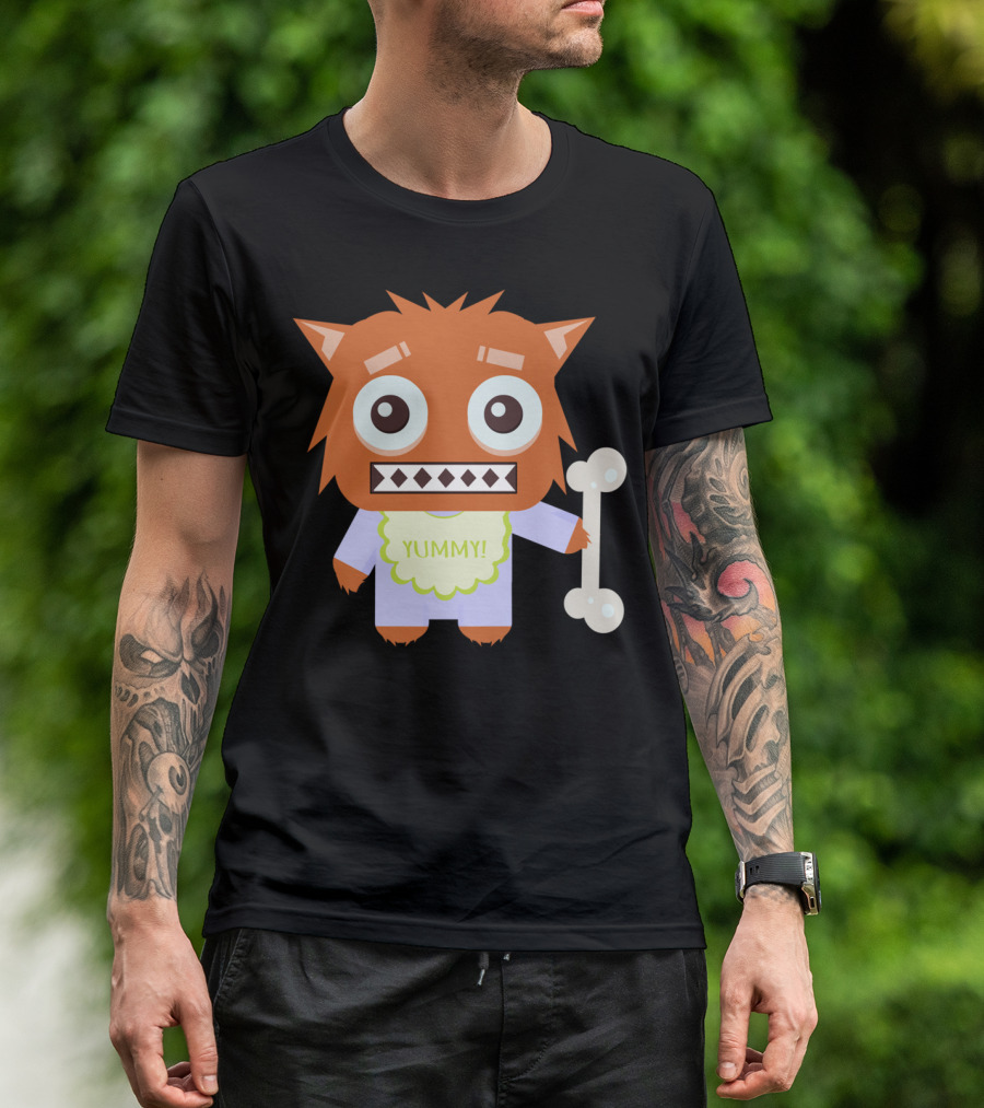 Wolfie Yummy Orange Cartoon Monster With Bone T-Shirt
