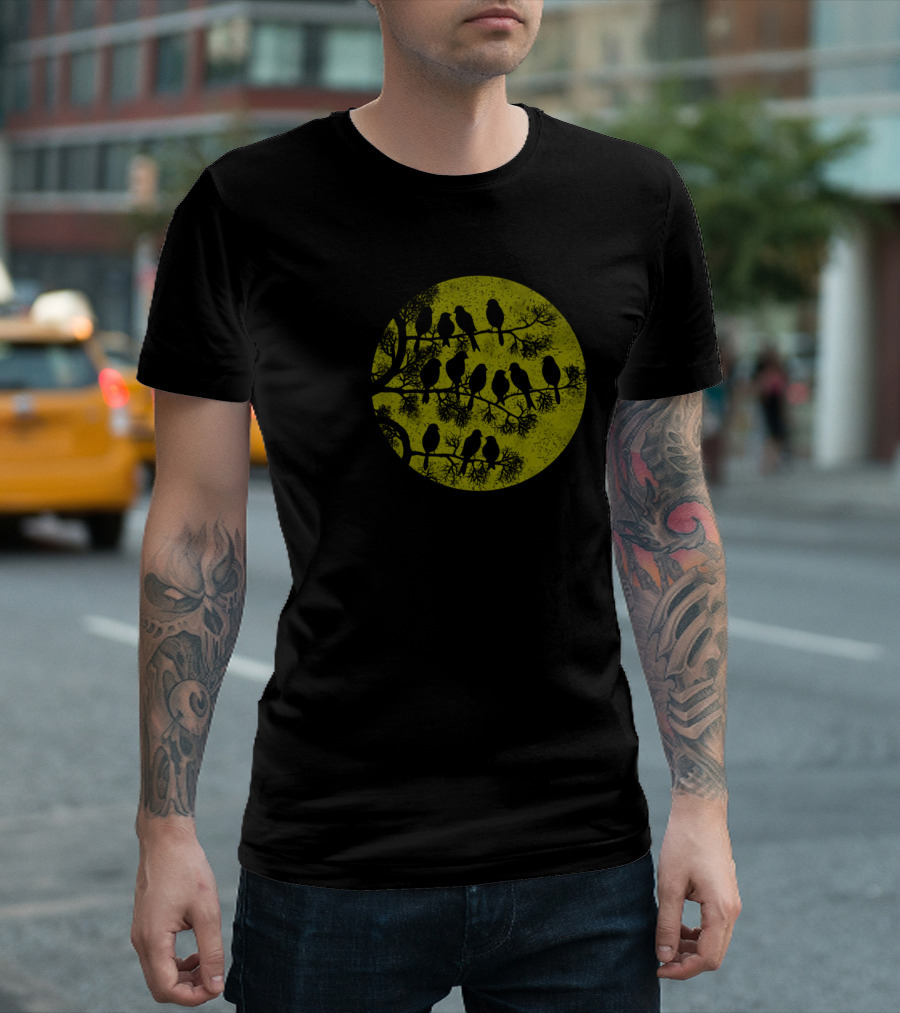 Symphony Of Life: Birds In Tree Silhouette With Yellow Moon T-Shirt