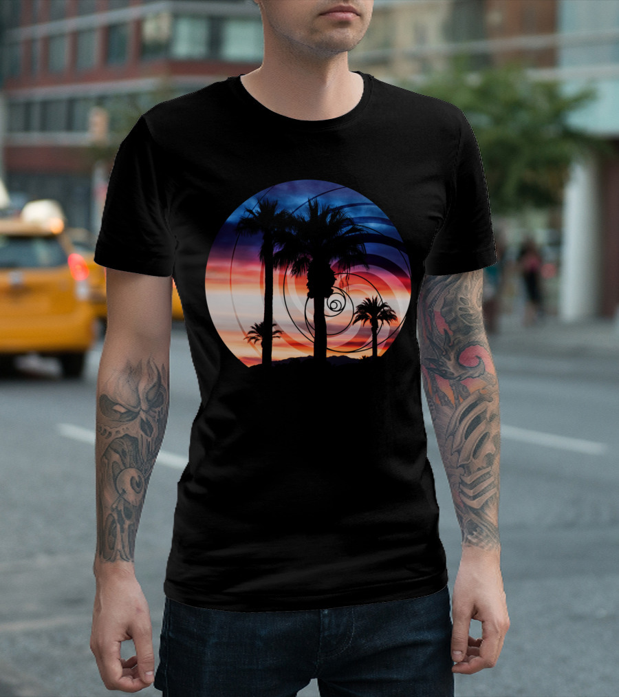 Palm Waves Sunset Spiral Palm Trees T-Shirt