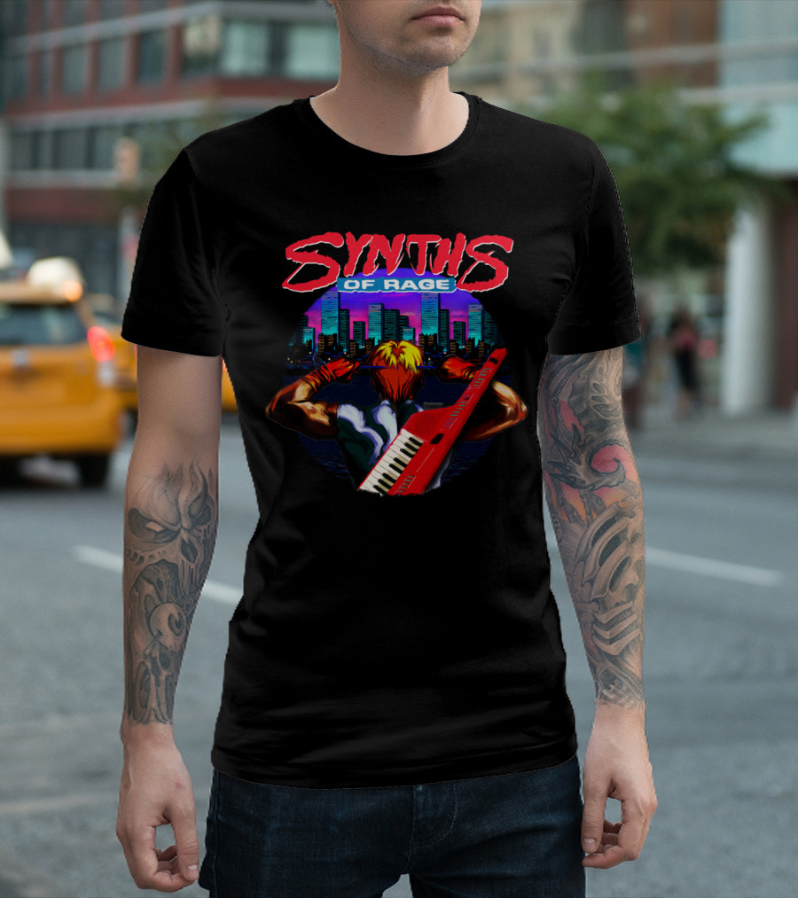 Synths Of Rage Ne Cityscape Synthesizer Game Character T-Shirt