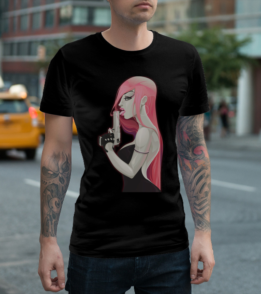 Woman with Pink Hair and Gun T-Shirt
