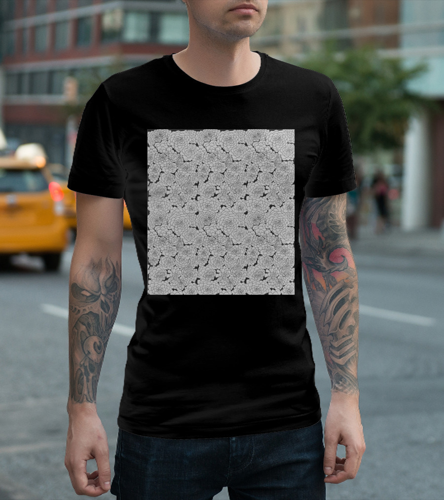 Inky Grey Succulents Pattern Blossoms T-Shirt