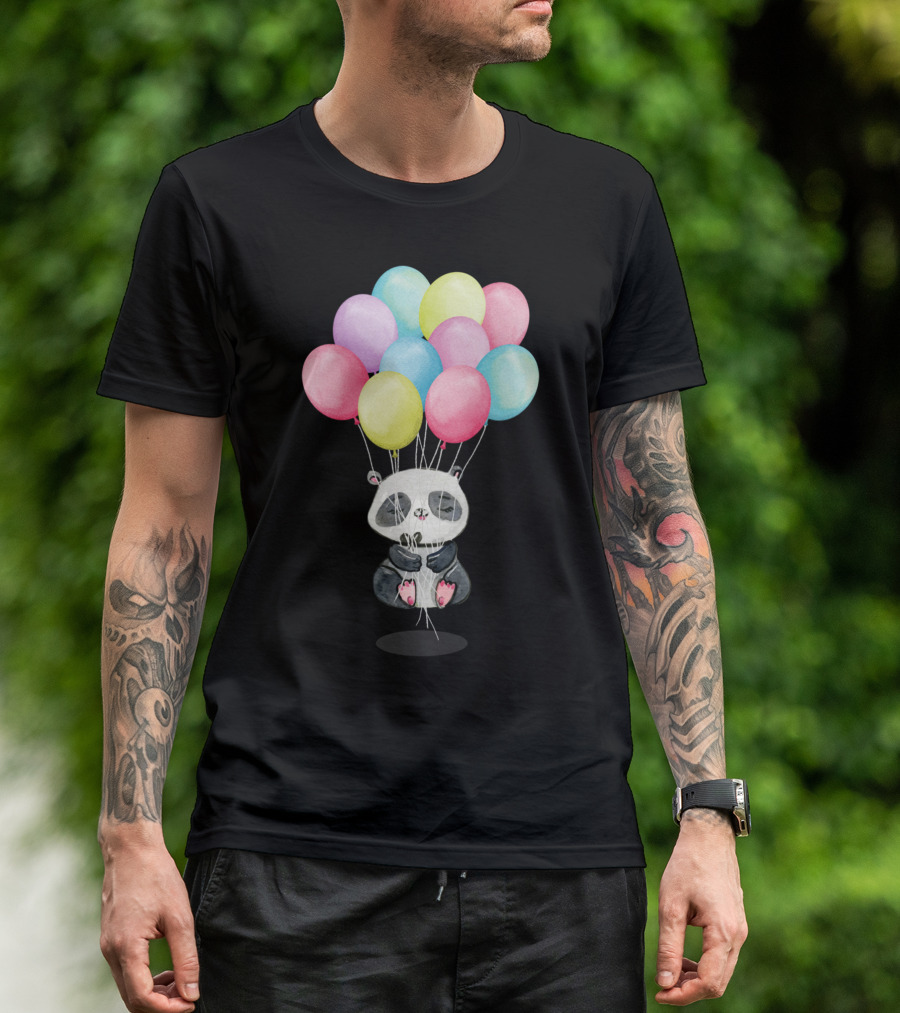 Panda Bear Floating With Colorful Balloons In Meditation Pose T-Shirt