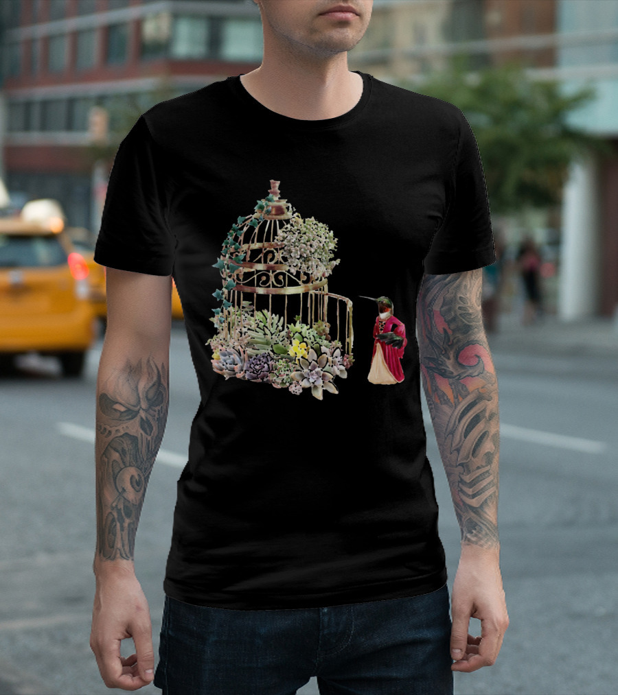 Lady Hummingbird in Succulent Garden Cage with Red Cloak T-Shirt