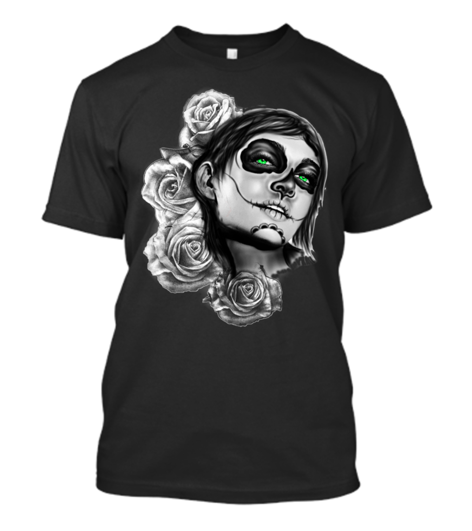Day Of The Dead Dark Rose Skull Face With Green Eyes T-Shirt