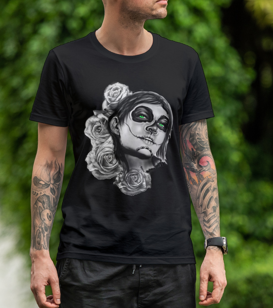 Day Of The Dead Dark Rose Skull Face With Green Eyes T-Shirt