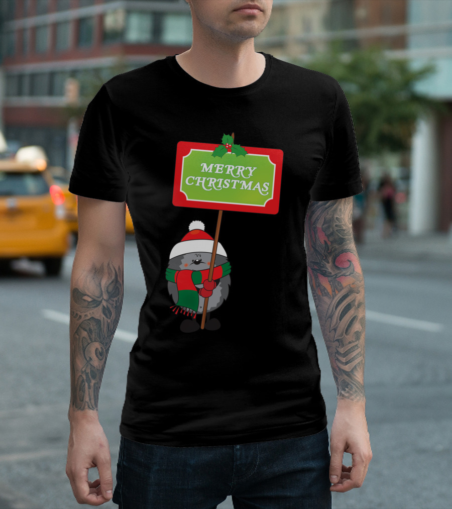 Merry Christmas Hedgehog Festive Sign With Holly And Santa Hat T-Shirt
