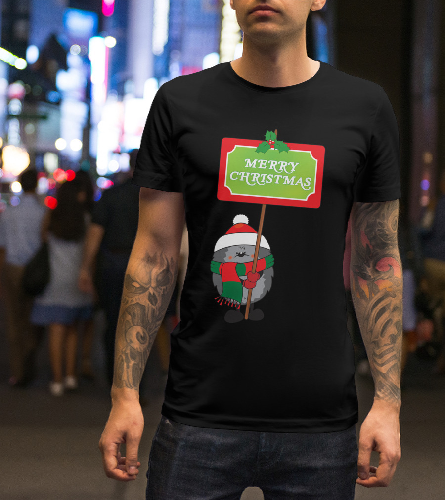 Merry Christmas Hedgehog Festive Sign With Holly And Santa Hat T-Shirt