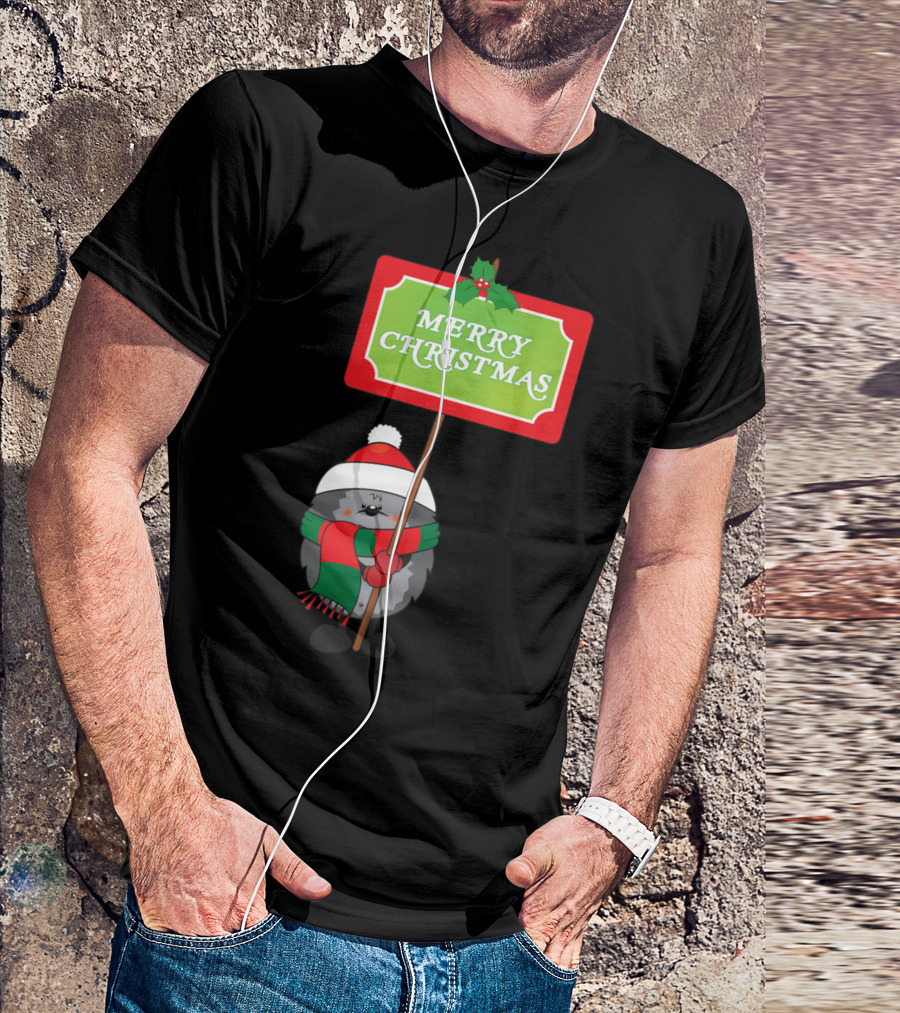 Merry Christmas Hedgehog Festive Sign With Holly And Santa Hat T-Shirt