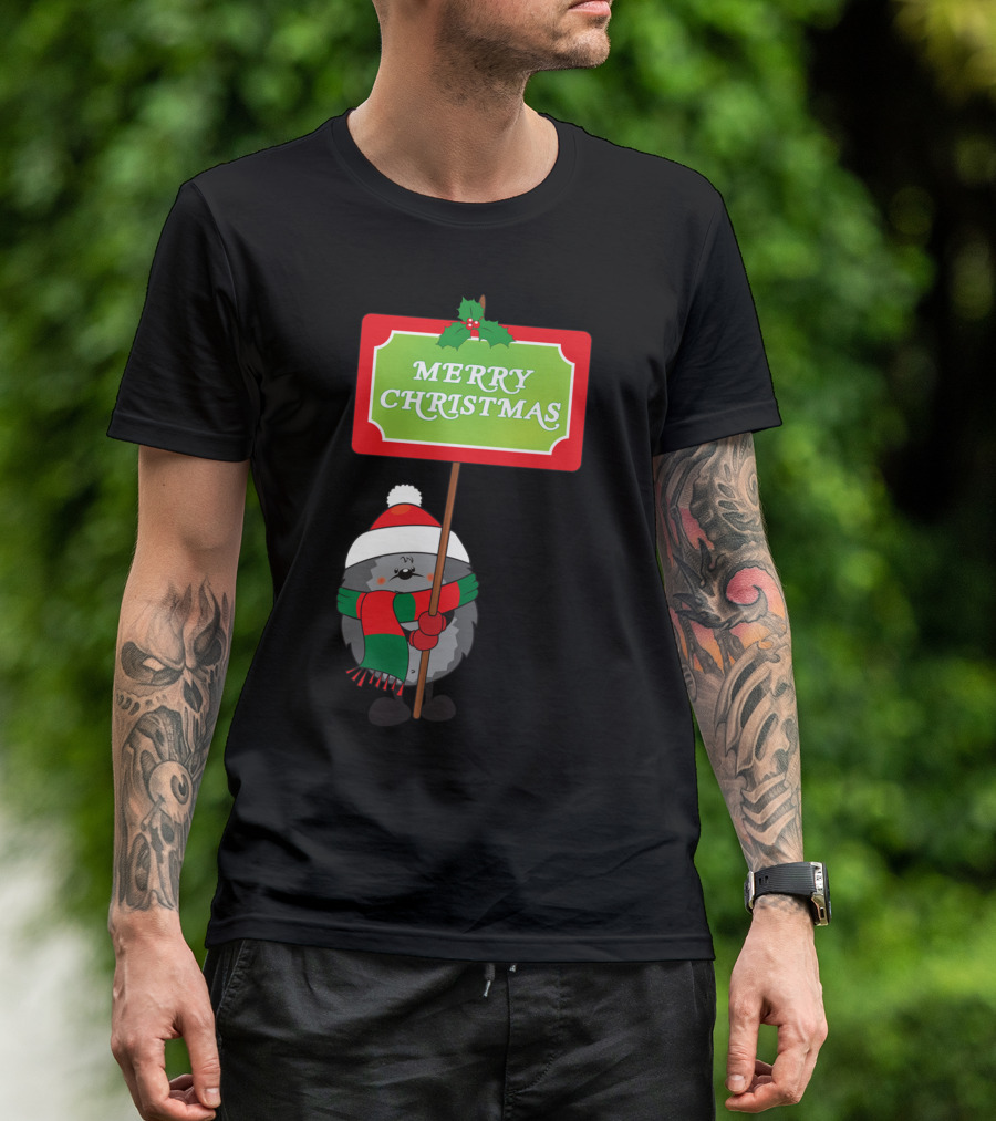 Merry Christmas Hedgehog Festive Sign With Holly And Santa Hat T-Shirt