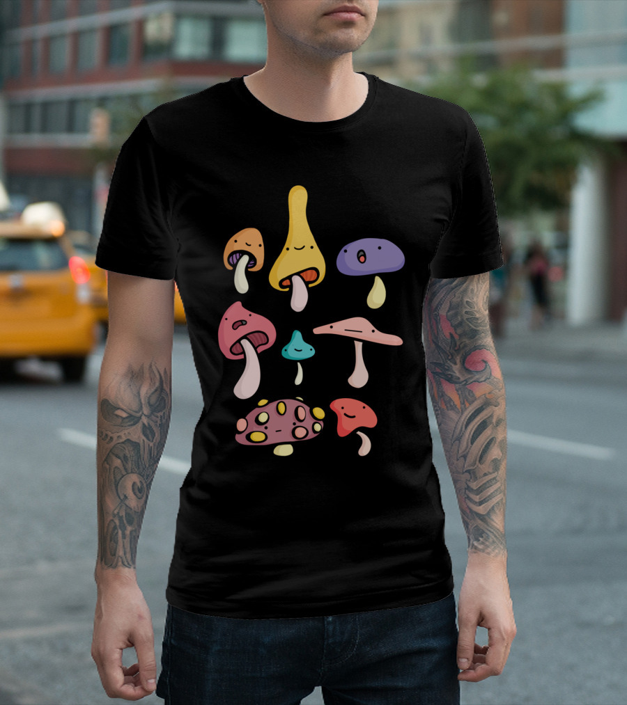 Mushroom Dudes Illustrations with Smiling Faces and Varied Colors T-Shirt
