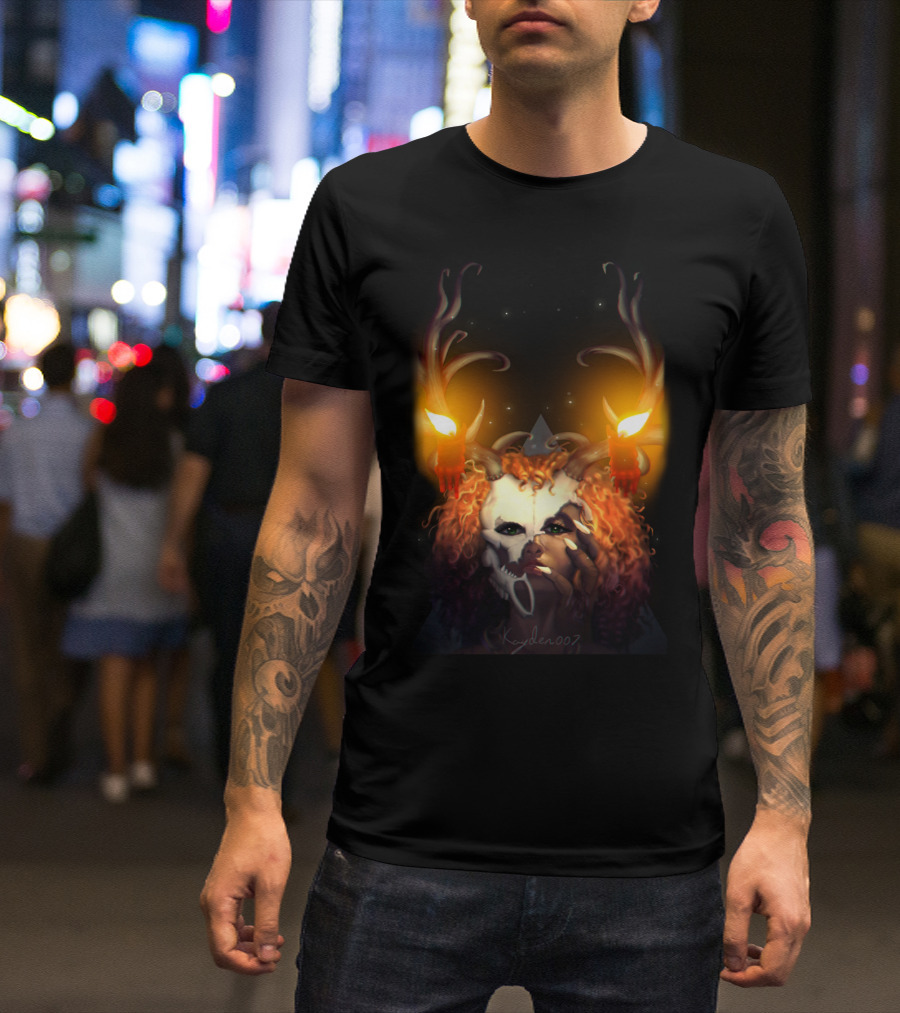 Lagahoo Girl Antlered Mask With Glowing Candles And Red Hair T-Shirt