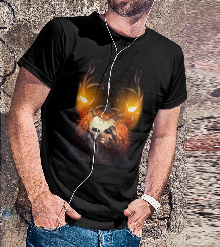 Lagahoo Girl Antlered Mask With Glowing Candles And Red Hair T-Shirt
