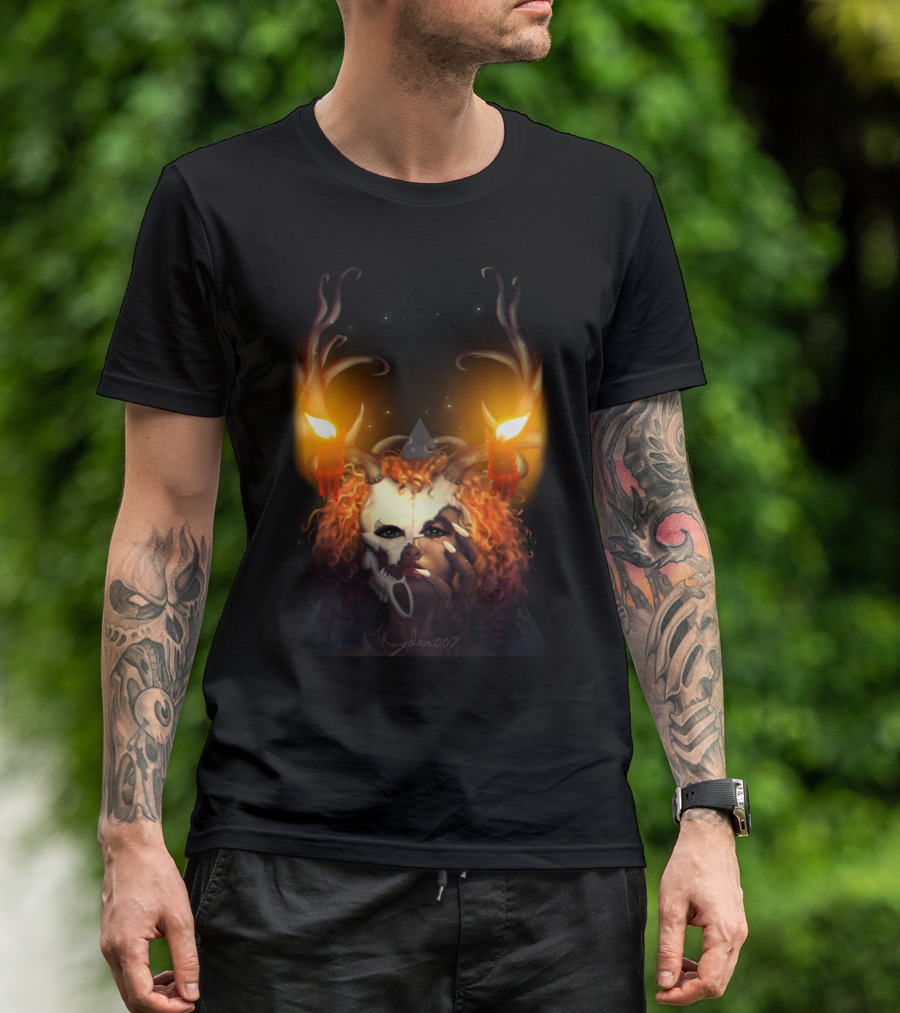 Lagahoo Girl Antlered Mask With Glowing Candles And Red Hair T-Shirt