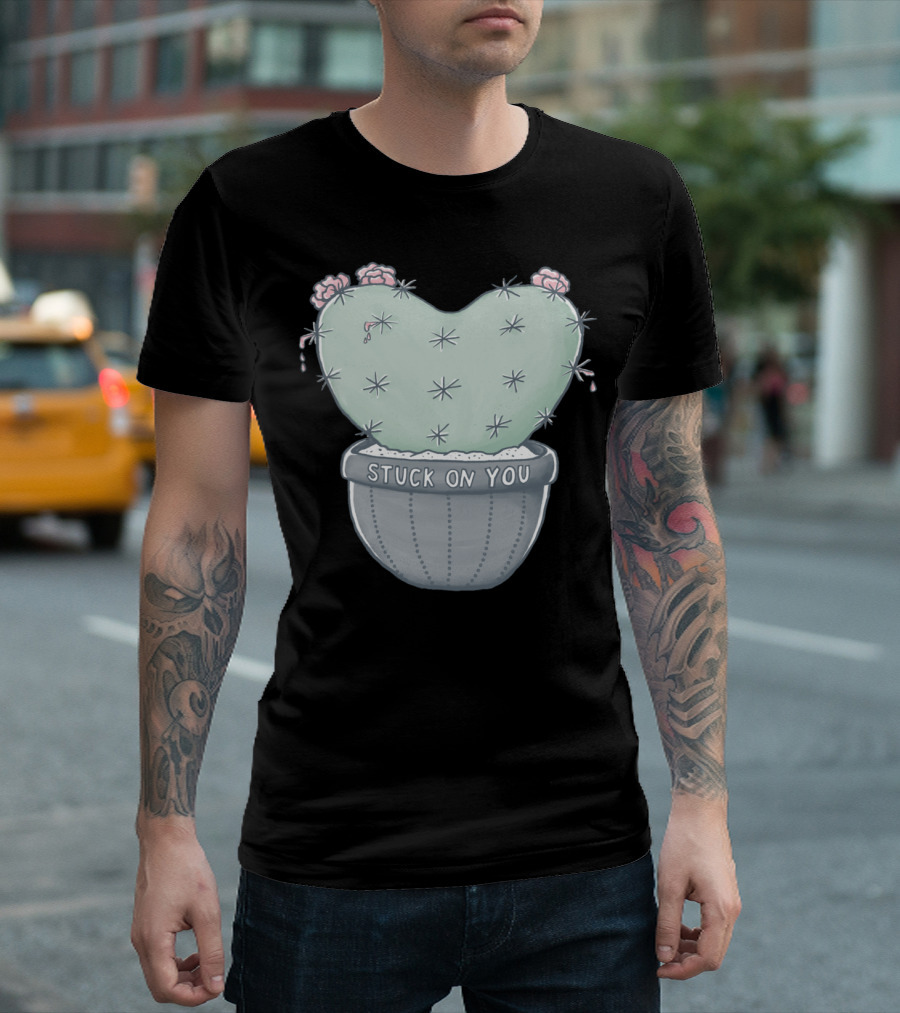 Stuck on You Love Hurts Cactus Heart in Pot with Roses T-Shirt